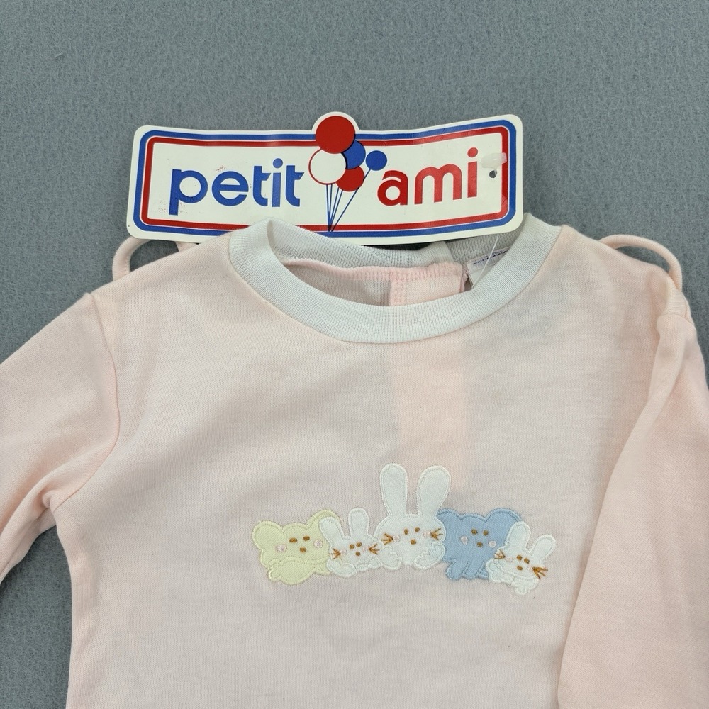 NWT Vintage Petit Ami Baby Girl Outfit 6M Pink Bunny Footed Suspender Set - Picture 2 of 10
